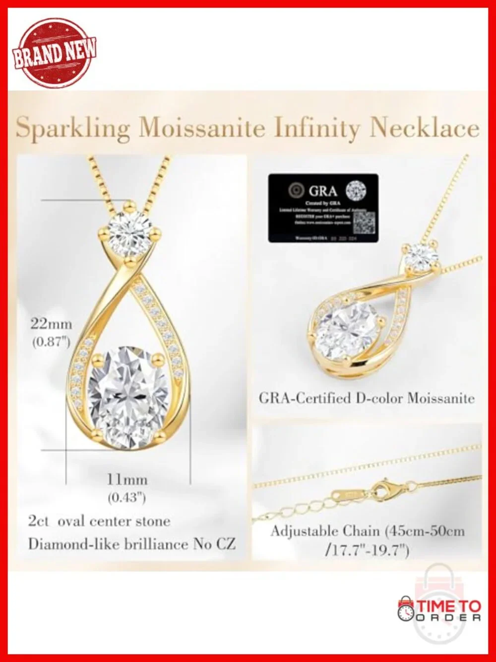 2ct Oval Moissanite Infinity Pendant Necklace 14K Gold Plated Hypoallergenic